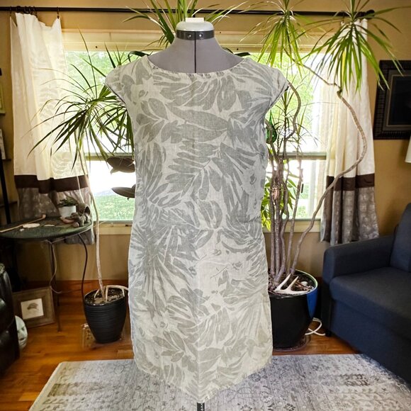 LINA TOMEI Linen Dress Made in Italy Green Tropical Leaf Pattern L - Picture 8 of 9